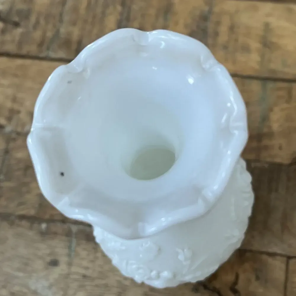 Imperial Milk Glass Bud Vase Embossed Roses Ruffled Scalloped Rim